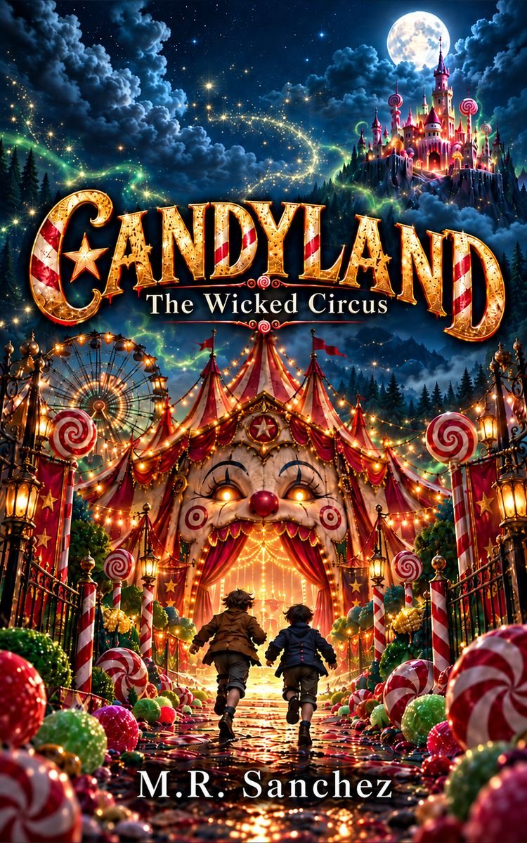 Cover of Candyland: The Wicked Circus by M.R. Sanchez: two children walking toward a glowing candy-striped circus tent under a full moon.