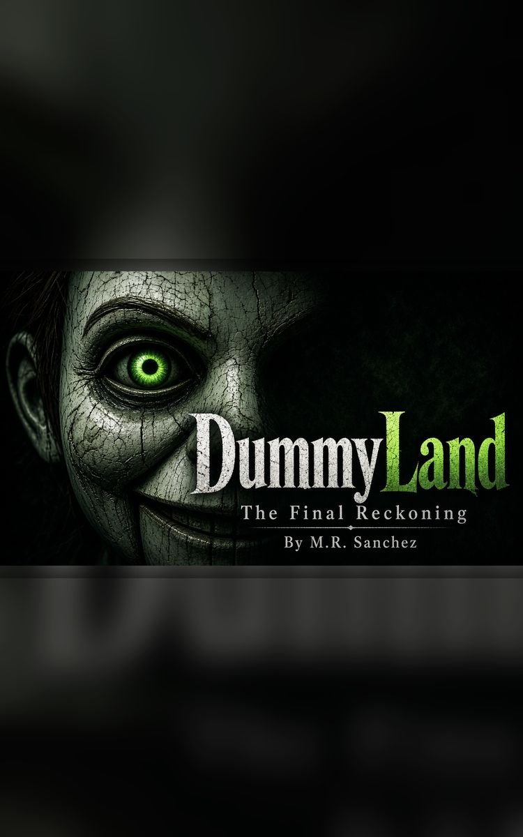 Cover of DummyLand: The Final Reckoning by M.R. Sanchez: a cracked porcelain face with one glowing green eye.